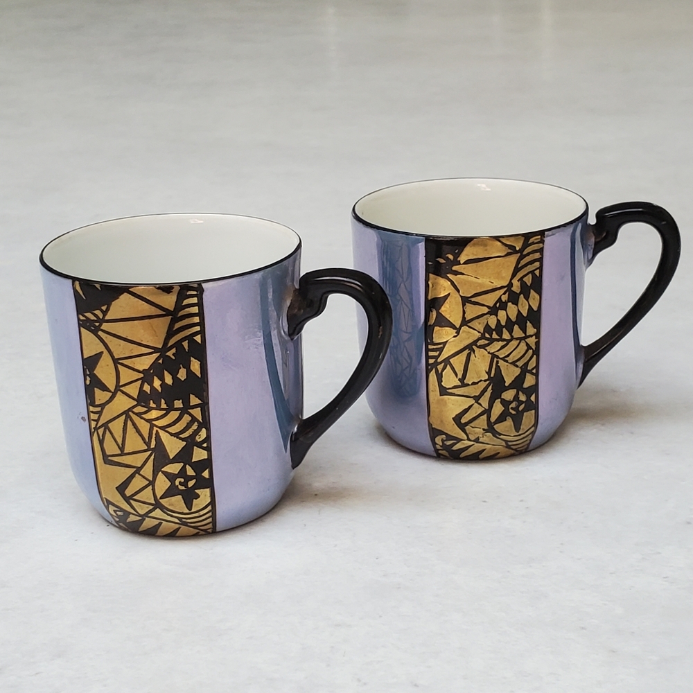 Antique Pair of Small Noritake Fine Porcelain Cups Mugs Iridescent Blue